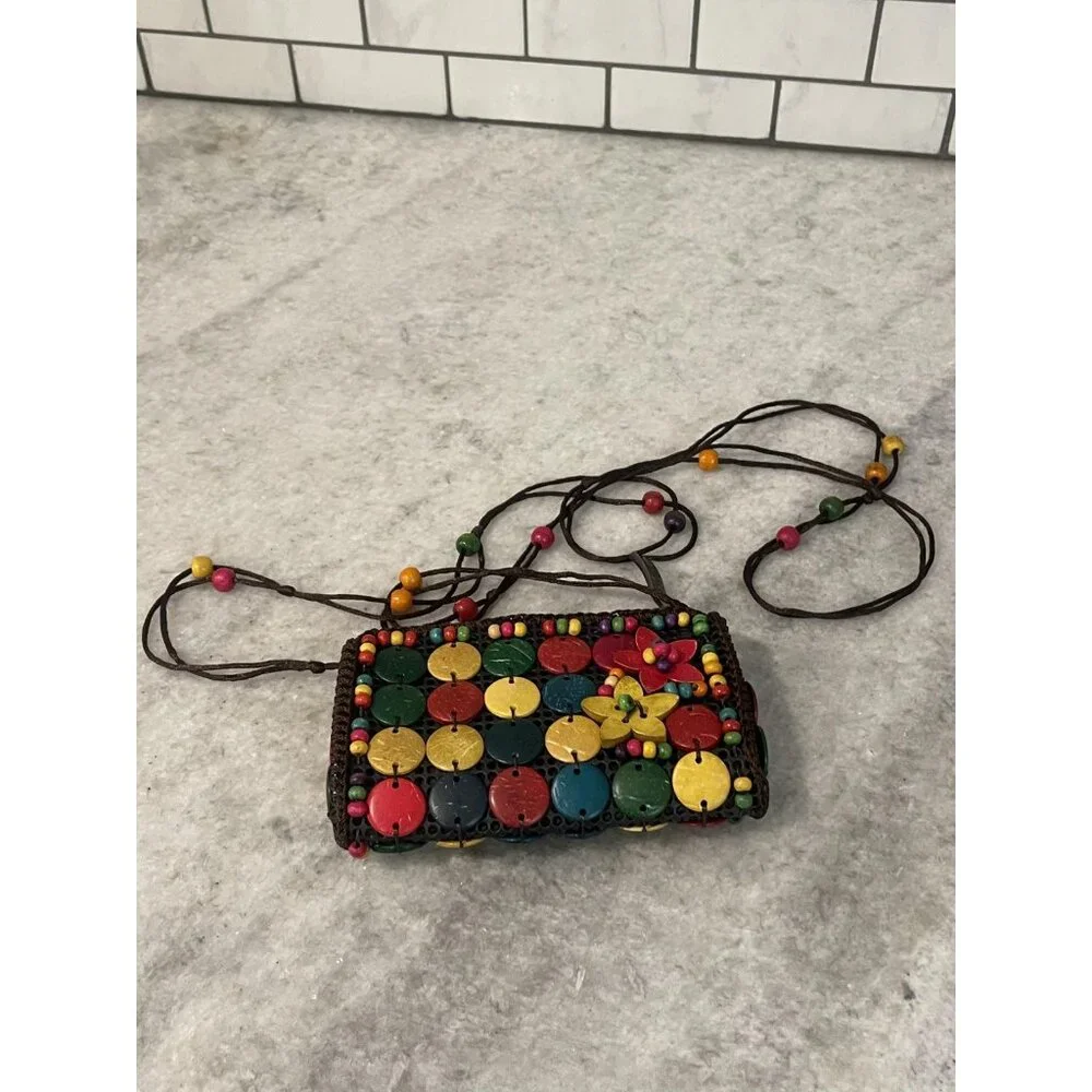 Beaded Crossbody Bag Womens Mini Multicolor Wood‎ Disc Puerto Rico Boho Flower